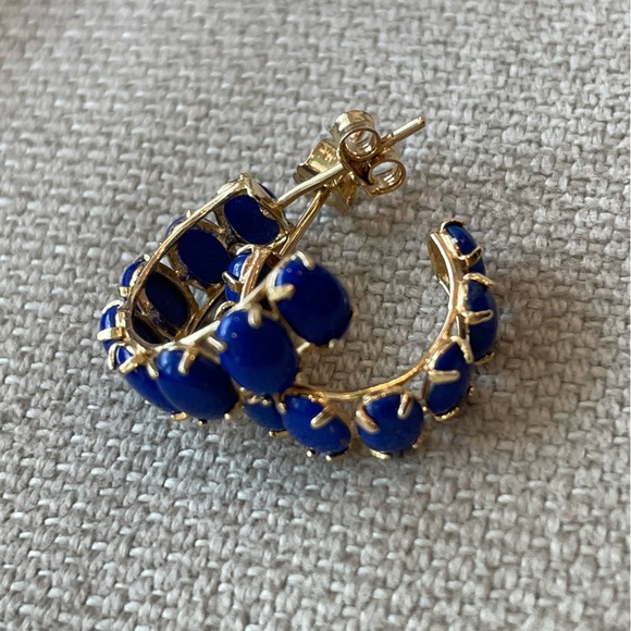 Estate💙14KT Gold💙Lapis Cabochon Half Huggie Hoop Earrings - Picture 5 of 7